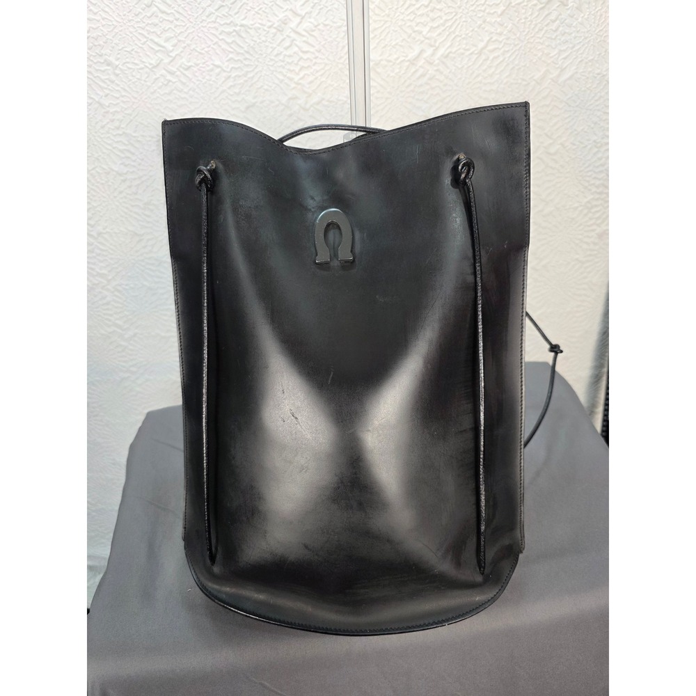 Stefano Bravo Vintage Black Leather Bucket Drawstring Tote Handbag Made in Italy
